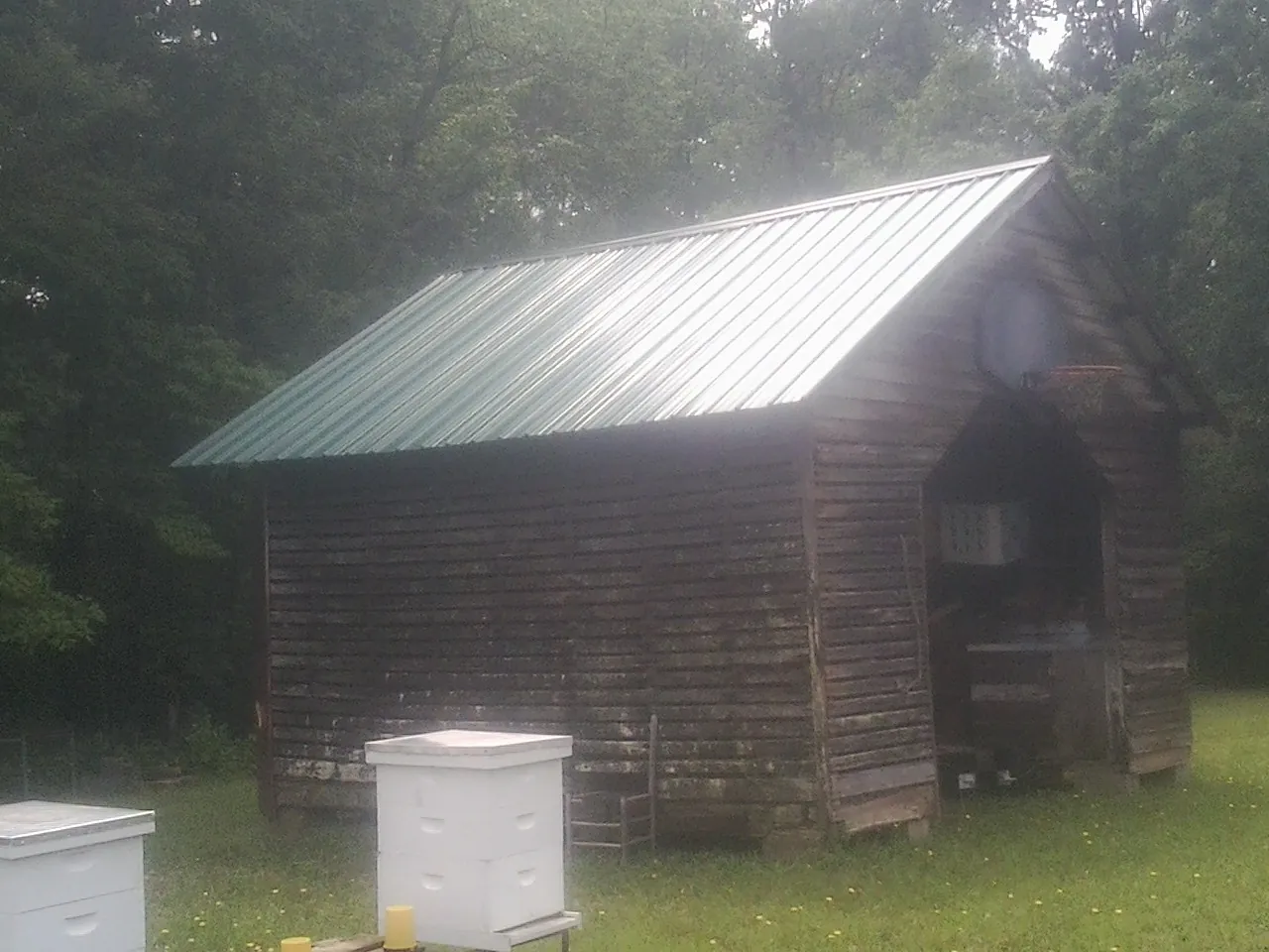 Green metal roof on a weathered barn beside stacked beehives in Horse Creek