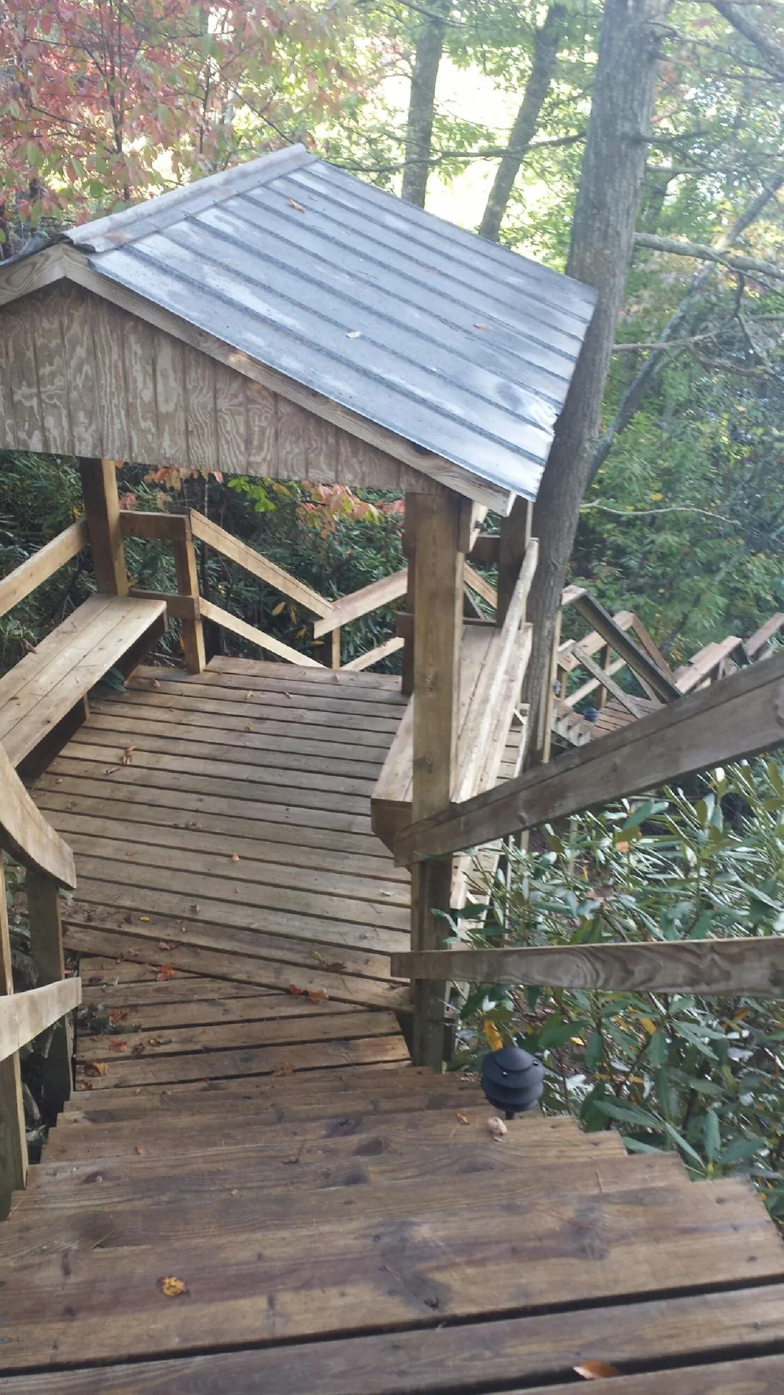 Metal roofed shelter over wooden steps on a wooded walkway — Skylight Repair & Installation work by our crew in Horse Creek